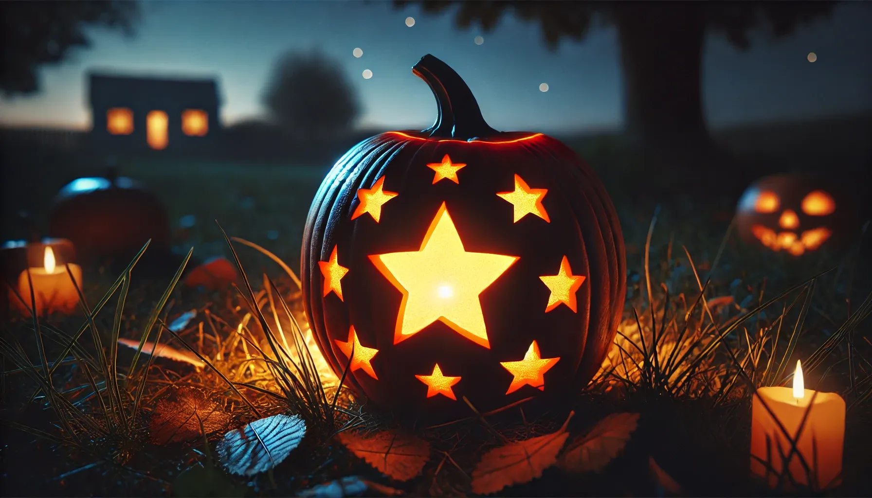 Pumpkin carved with stars glowing at night