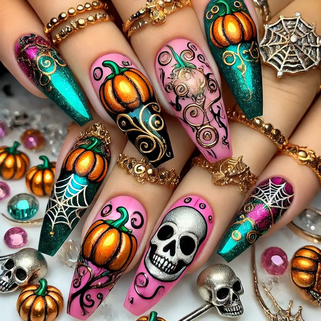 DALL·E 2024-10-24 12.11.41 - A playful and vibrant Halloween nail design featuring intricate hand-painted pumpkins, skulls, and spooky webs. The nails have a mix of shimmering gol.webp