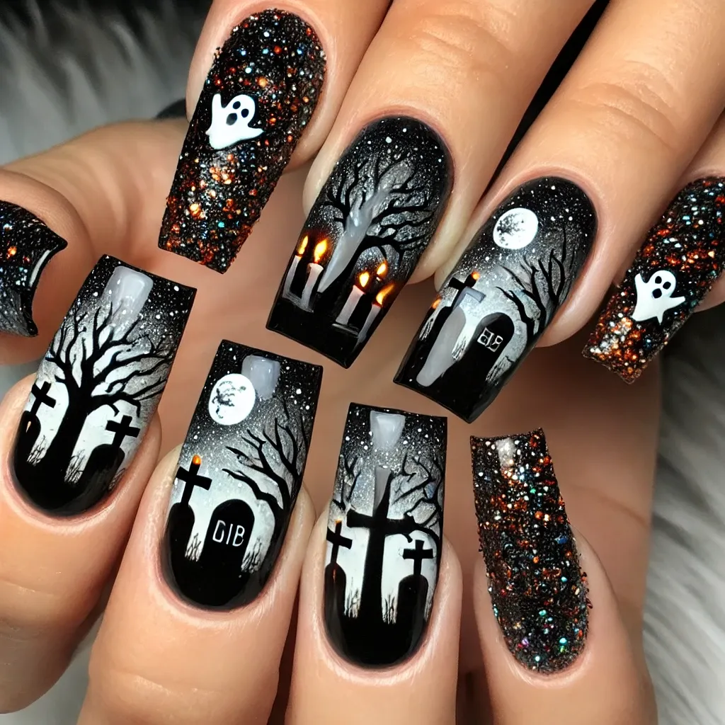 DALL·E 2024-10-24 12.34.11 - A hauntingly beautiful Halloween nail design featuring a glittery graveyard scene. The nails are painted with black polish and accented with glitter t.webp