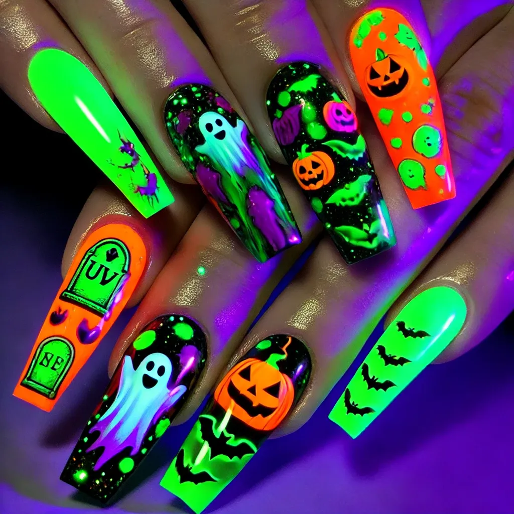 DALL·E 2024-10-24 12.35.22 - A vibrant Halloween nail design titled 'Neon Nightmare,' featuring fluorescent greens, oranges, and purples. The neon colors create an eerie effect, e.webp