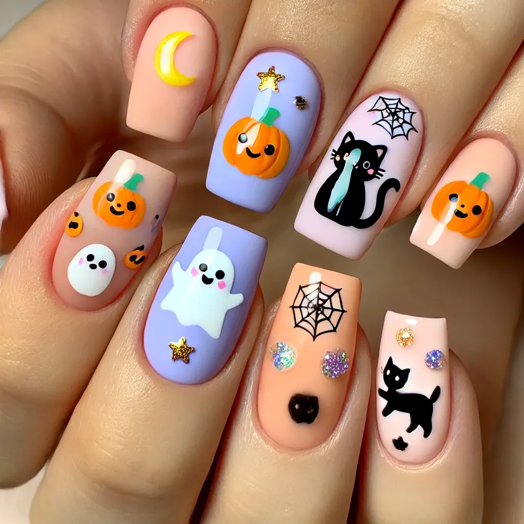 DALL·E 2024-10-24 12.54.54 - A set of cute Halloween nail designs featuring playful elements such as smiling pumpkins, friendly ghosts, and adorable black cats. The nails are pain.webp