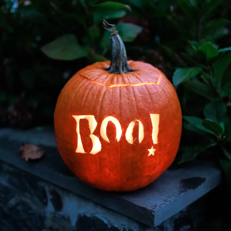 Pumpkin carved with Halloween words BOO or Trick or Treat