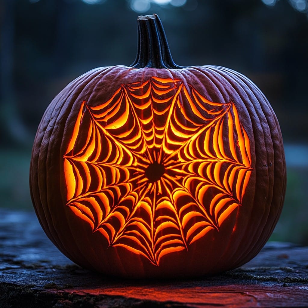 Pumpkin carved with spider web design