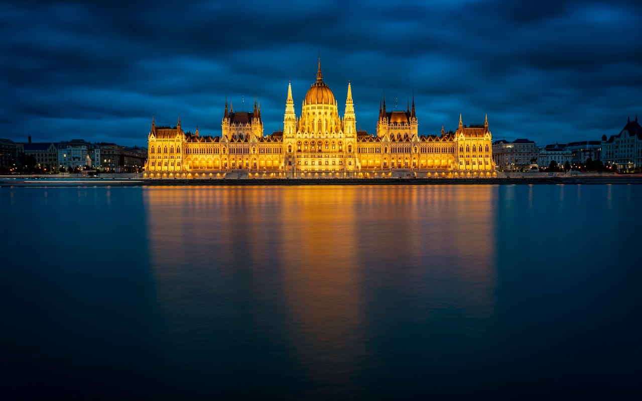 View of the Hungarian Parliament Building Illuminated at Night, Budapest, Hungary